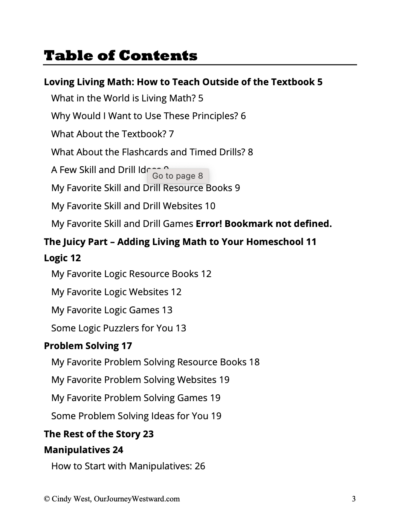 table of contents for homeschool math program